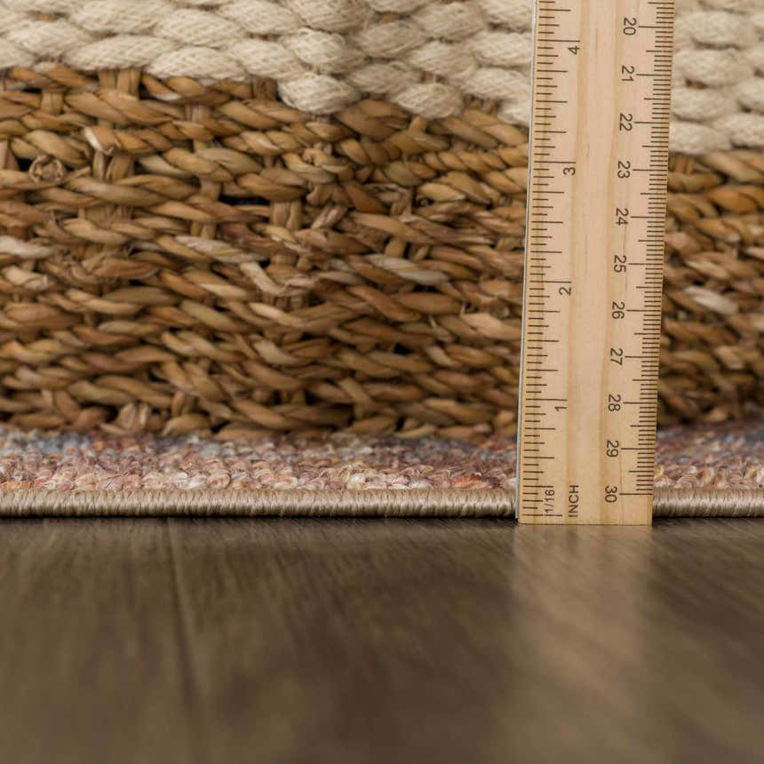 Close-up of the Anshu Peach Washable Area Rug showing beige, blue, and burgundy colors with traditional vintage design. Pile