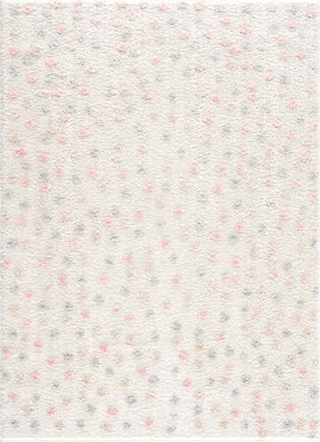 Close-up of the Cansu Pink & Cream Dotted Area Rug. Shag texture with pink, beige, and gray polka dot pattern on cream. Design-Rectangle-5373