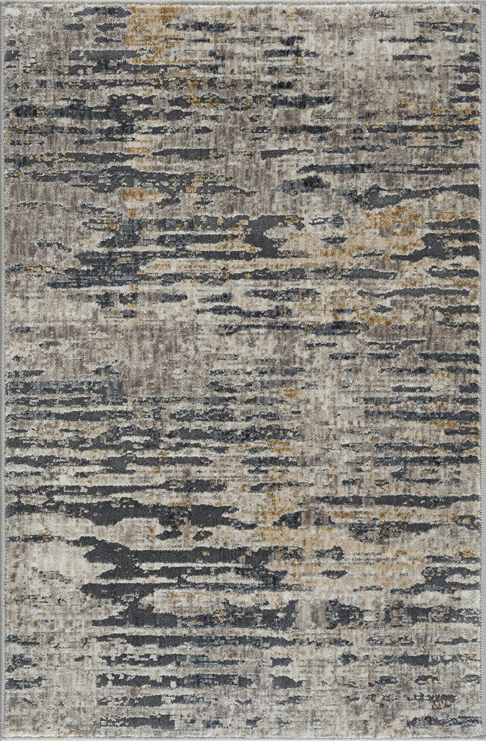 Close-up of the Sywell Luxe Fringe Rug. Contemporary design with beige, tan, and charcoal abstract pattern. Machine woven polyester. Design-Rectangle-23