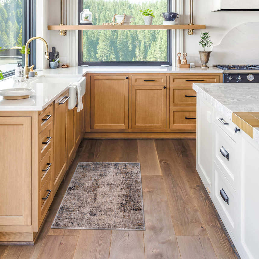 Light wood kitchen with Odell Abstract Luxe Fringe Rug runner in dark blue, light blue, gray, and mustard. Roomscene-Rectangle