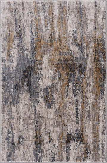 Close-up of the Lurnea Luxe Fringe Rug. Abstract design with dark blue, light blue, medium gray, and mustard hues. Design-Rectangle-23