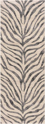 Close-up of the Gray Ecorse Zebra Print Area Rug, featuring a black, charcoal and light beige animal pattern. Design-Runner-2773