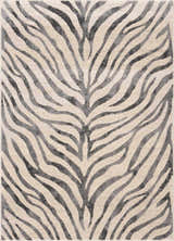 Close-up of the Gray Ecorse Zebra Print Area Rug, featuring a black and gray zebra stripe pattern on a light beige background. Design-Rectangle-3157