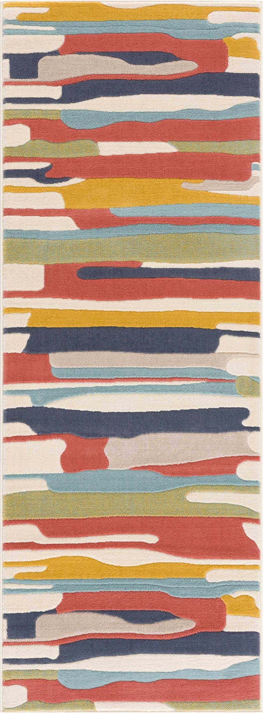 Close-up of the Southfields Colorful Modern Area Carpet featuring a horizontal abstract stripe pattern in aqua, mustard, and peach. Design-Runner-2773