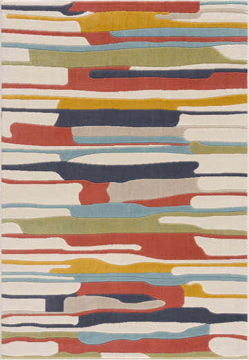 Close-up of Southfields Colorful Modern Area Carpet with horizontal stripes in aqua, charcoal, mustard, and peach hues. Design-Rectangle-3157