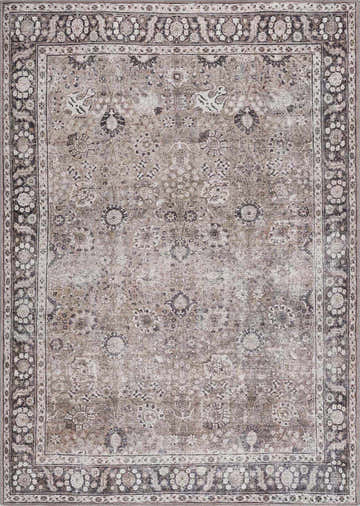Close-up of the Ganyangan Washable Rug. Oriental design in tan, cream, charcoal, and brown. Vintage, Persian style. Design-Rectangle-5373