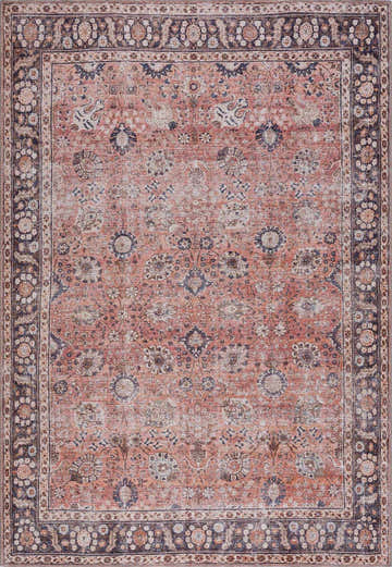 Close-up of the Ganyangan Red Washable Rug with a traditional floral pattern in brick red, blue, and beige. Design-Rectangle-5373