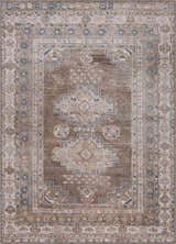 Close-up of the Baltinglass Flat Pile Washable Rug. Features a traditional oriental design in blue, cream, and light beige tones. Design-Rectangle-5373