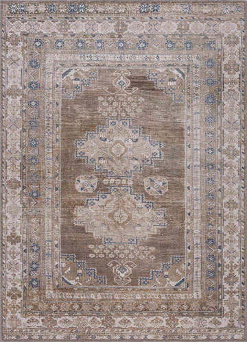Close-up of the Baltinglass Flat Pile Washable Rug. Features a traditional oriental design in blue, cream, and light beige tones. Design-Rectangle-5373