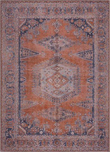 Close-up of the Taber Burnt Orange Persian Style Rug. Features traditional blue and orange patterns. Design-Rectangle-5373