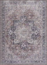 Detailed shot of the Abner Washable Area Rug featuring a traditional, distressed design in brown, charcoal, and denim hues. Design-Rectangle-5373