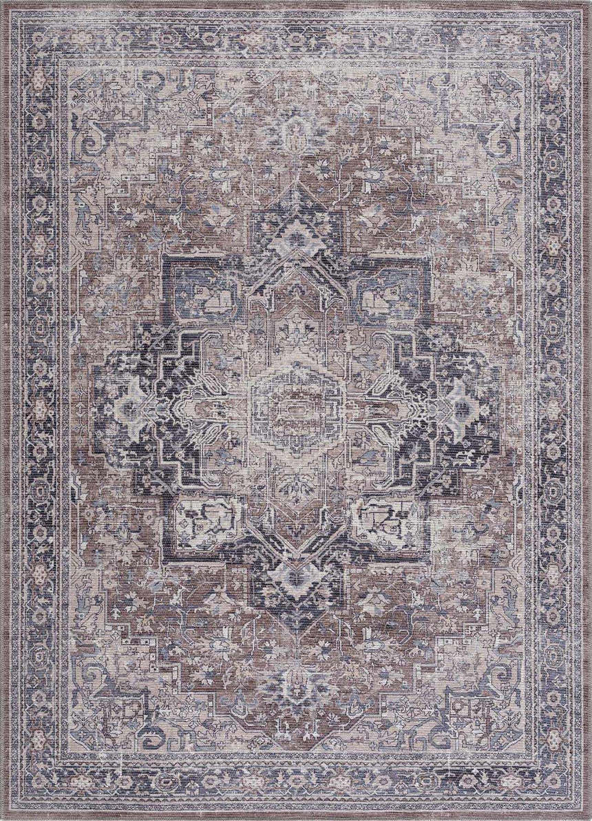 Detailed shot of the Abner Washable Area Rug featuring a traditional, distressed design in brown, charcoal, and denim hues. Design-Rectangle-5373