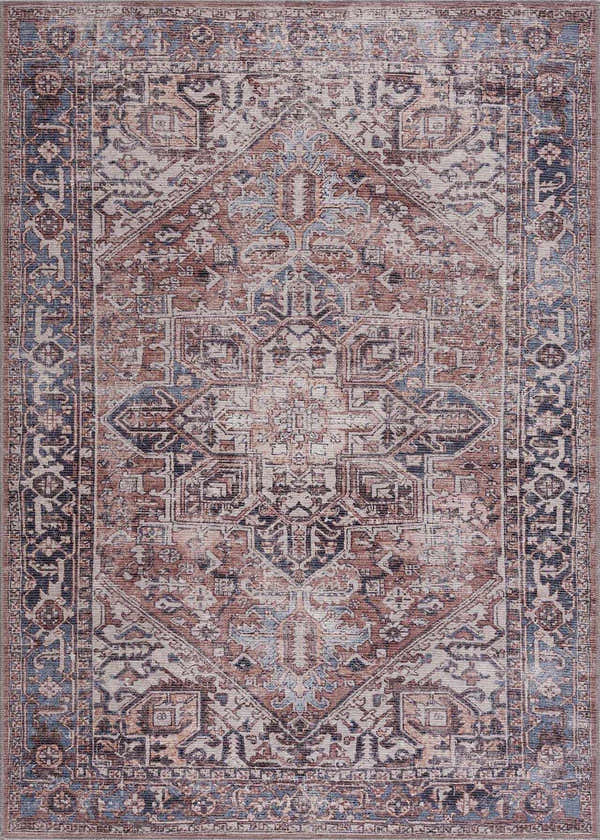 Detailed flat lay of the Viho Vintage Flat Pile Washable Rug. Traditional pattern in brown, blue, peach, and gray tones. Design-Rectangle-5373