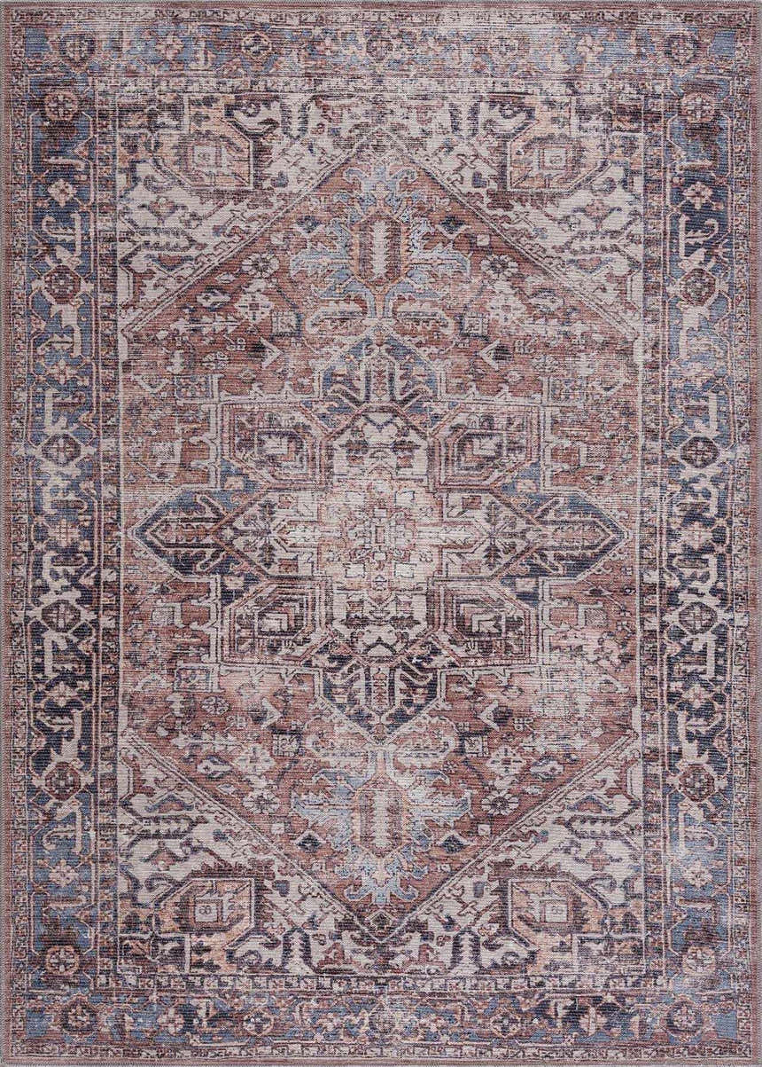 Detailed flat lay of the Viho Vintage Flat Pile Washable Rug. Traditional pattern in brown, blue, peach, and gray tones. Design-Rectangle-5373