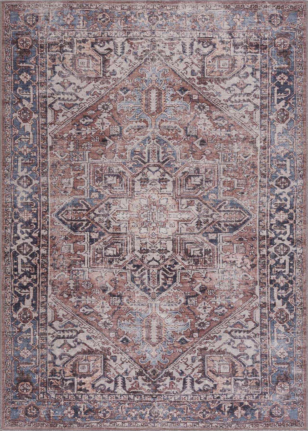 Detailed flat lay of the Viho Vintage Flat Pile Washable Rug. Traditional pattern in brown, blue, peach, and gray tones. Design-Rectangle-5373
