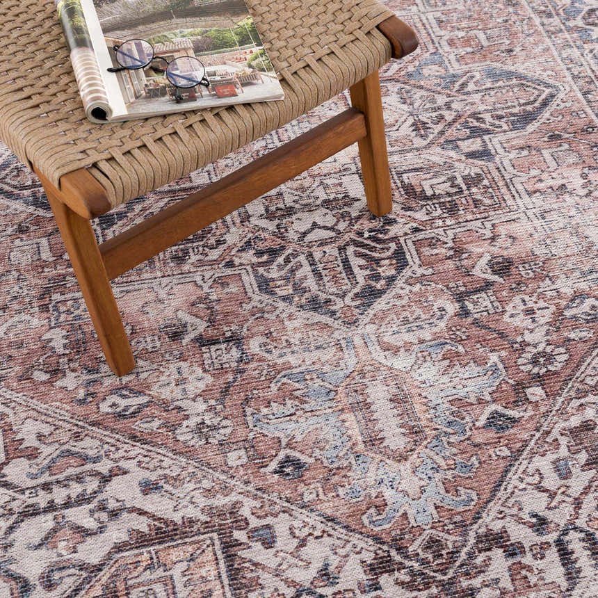 Close-up of Viho Vintage Flat Pile Washable Rug. Traditional design in brown, peach, blue, and white. Chenille-polyester texture. Styleshot