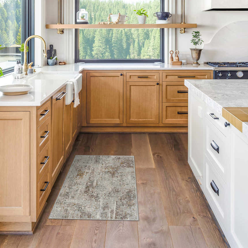 Light and airy kitchen with wood cabinets and Windale Textured Luxe Area Rug in gray and brown tones. Roomscene-Rectangle