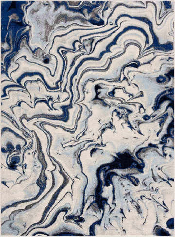 Close-up of Glendon Cream Blue Marble Rug. Abstract pattern in shades of blue, ivory, and charcoal. Design-Rectangle-5373