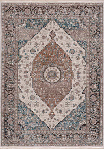 Close-up of the Baychester Area Rug. Traditional oriental design in cream, denim, brown, and ivory. Machine woven polyester rug. Design-Rectangle-5376
