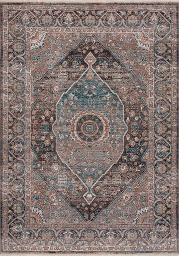 Close-up of the Baychester Brown Area Rug featuring a traditional oriental pattern in brown, denim, and dusty pink tones. Design-Rectangle-5376