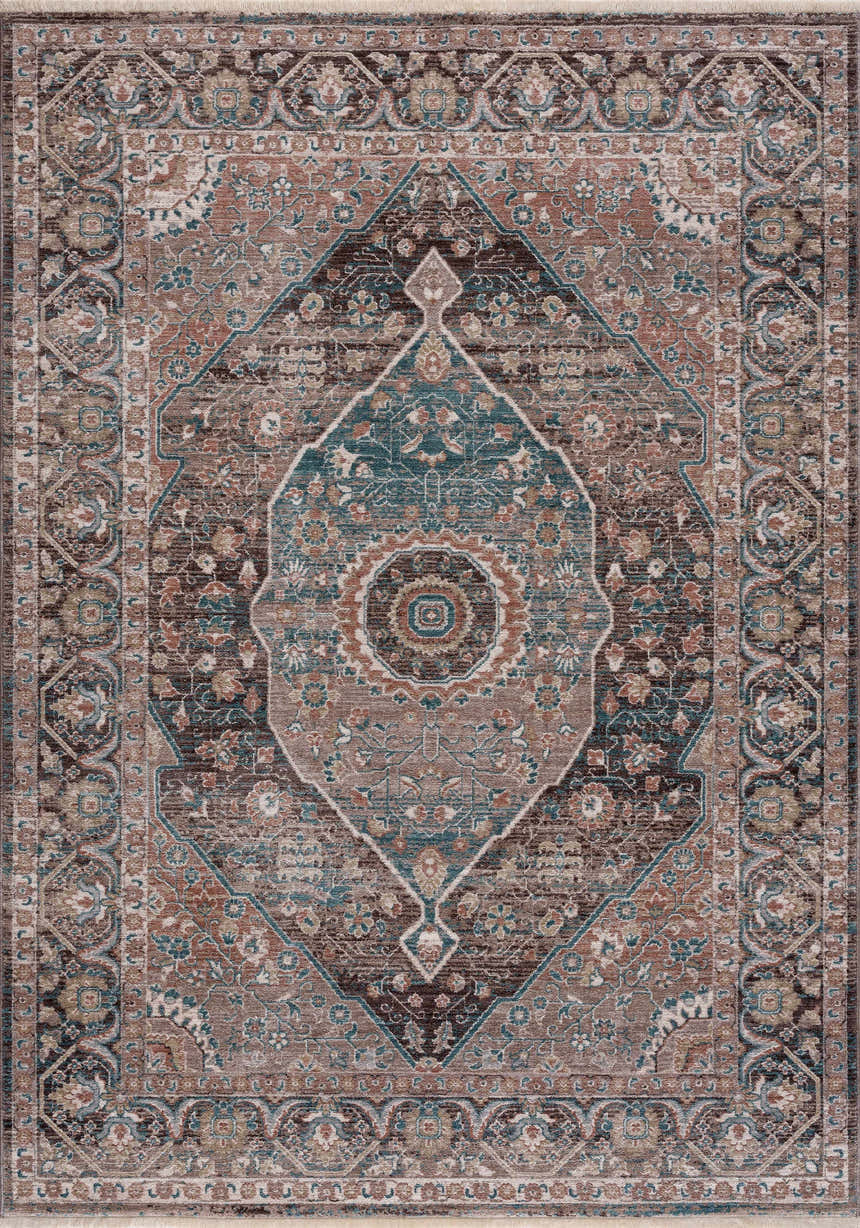 Close-up of the Baychester Brown Area Rug featuring a traditional oriental pattern in brown, denim, and dusty pink tones. Design-Rectangle-5376