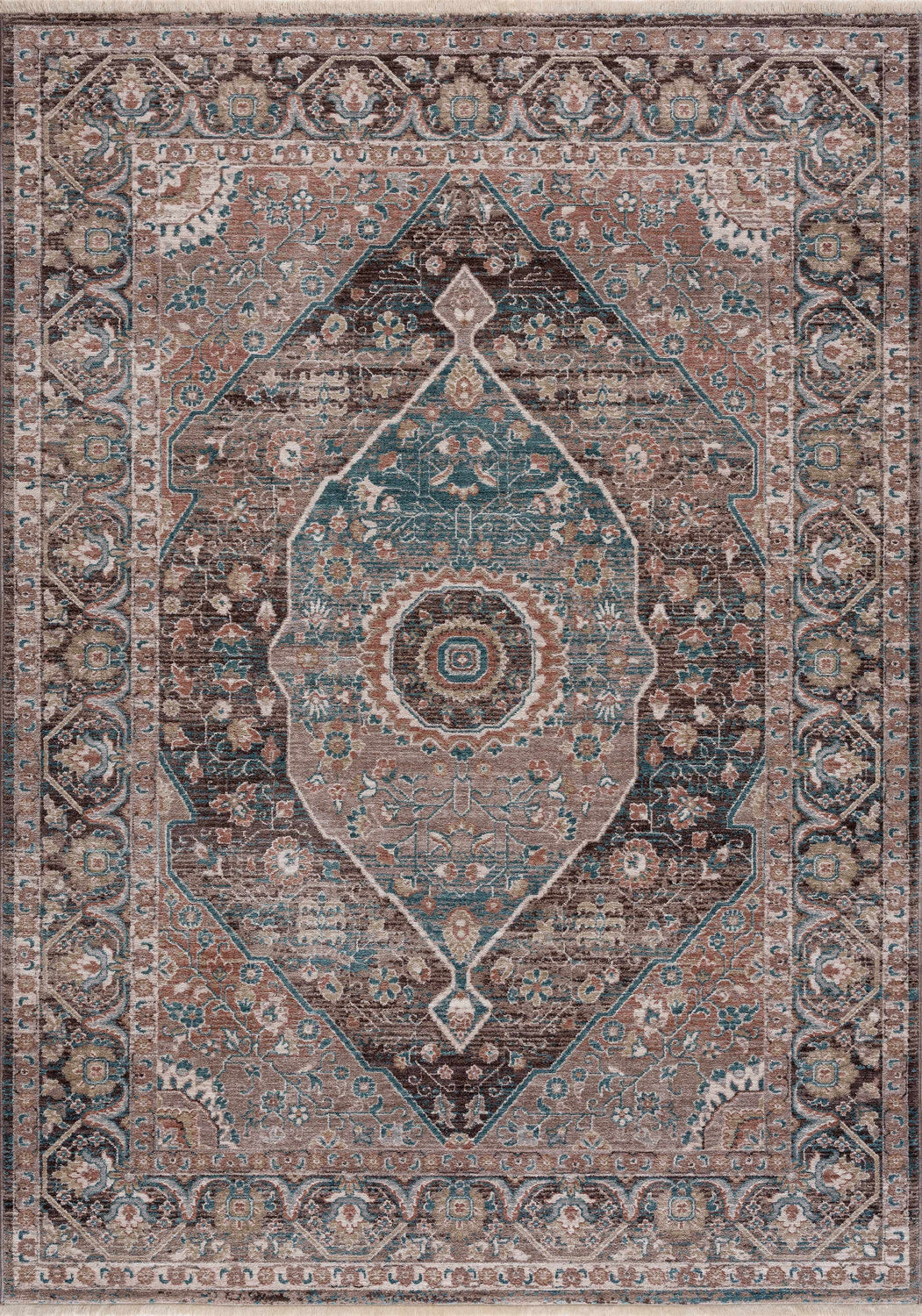 Close-up of the Baychester Brown Area Rug featuring a traditional oriental pattern in brown, denim, and dusty pink tones. Design-Rectangle-5376