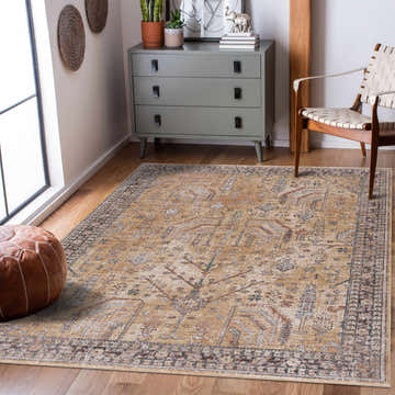 Farmhouse living room with a bone and clay Darla Area Rug, gray dresser, and woven chair. Roomscene-Rectangle