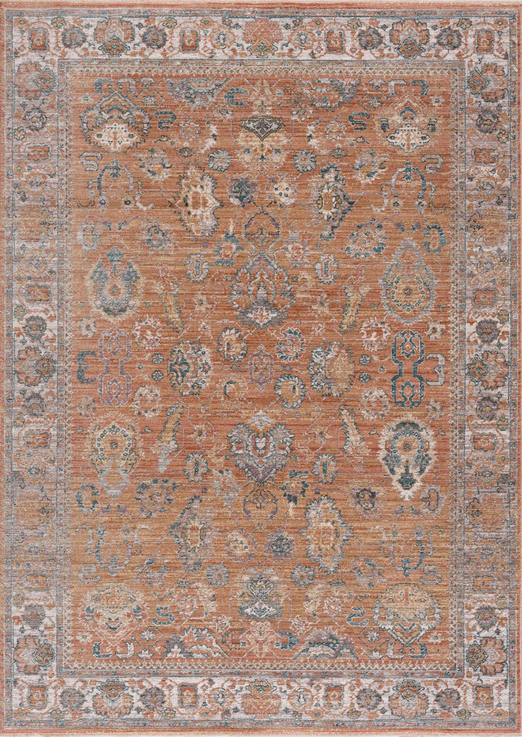 Detailed Cayla Area Rug in bone, clay, garnet, and taupe. Traditional floral pattern with a distressed, vintage look. Design-Rectangle-5376