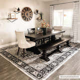 Farmhouse dining room with dark wood table and Cabacungan Washable Area Rug in black, gray, and beige. Roomscene-Rectangle