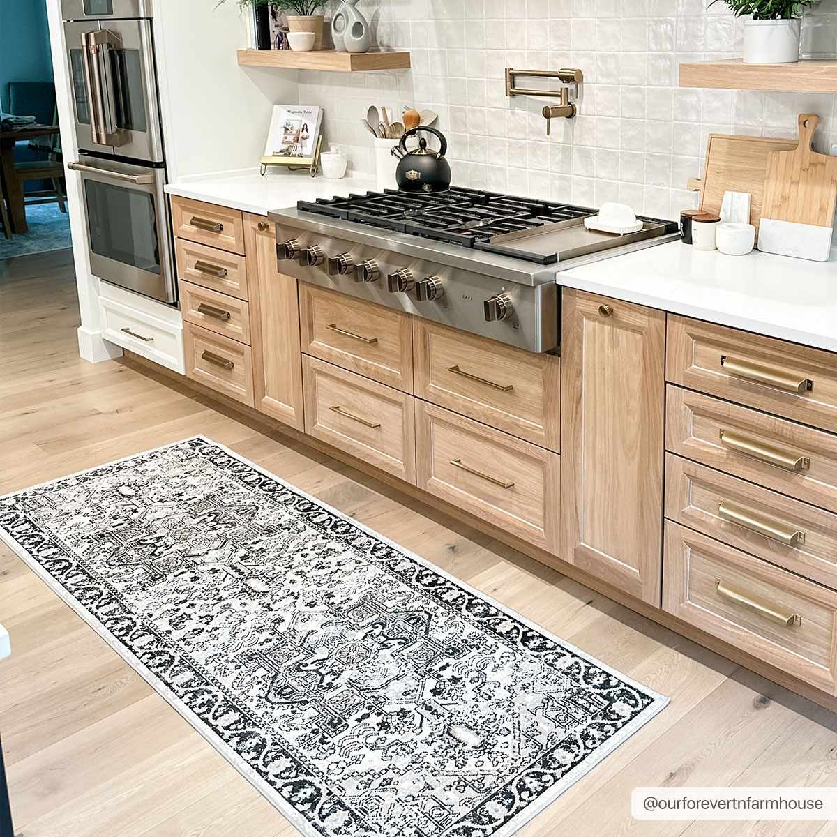 Farmhouse kitchen with light wood cabinets and Cabacungan Washable Area Rug in black and gray. Roomscene-Runner