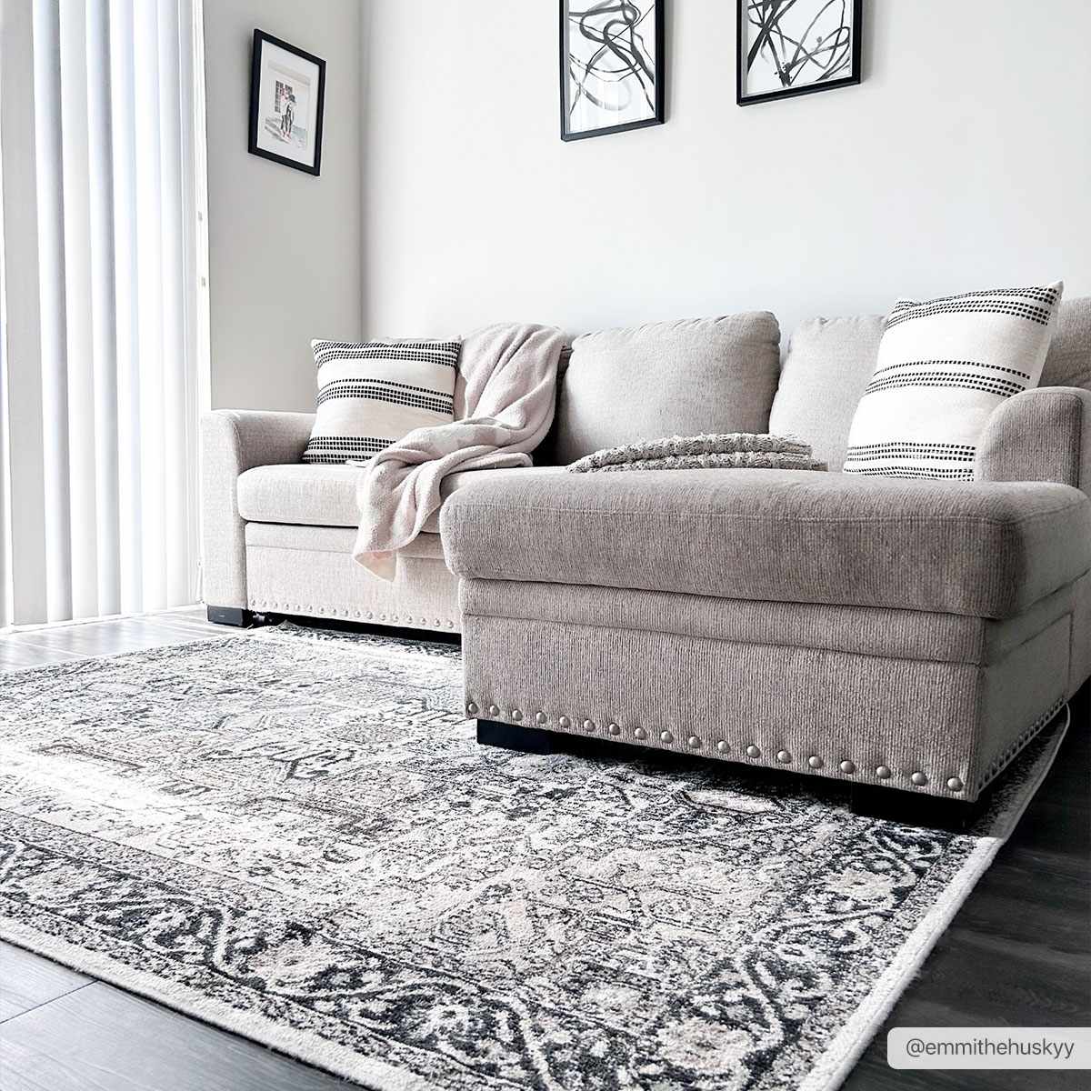 Living room scene with a gray sofa and a black and gray Cabacungan Washable Area Rug. Roomscene-Rectangle