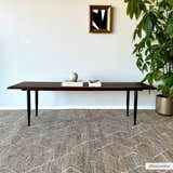 Living room scene with a Carine Jute Area Rug under a dark wood table and potted plant. Neutral tones. Roomscene-Rectangle