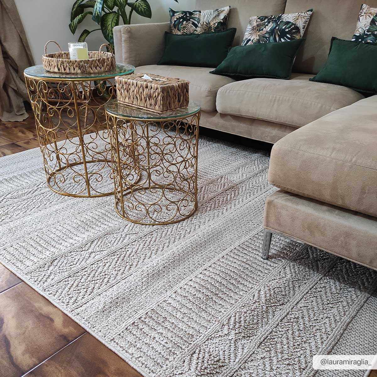 Living room scene with a beige sofa and the Corom Beige Area Rug, creating a warm, inviting space. Roomscene-Rectangle