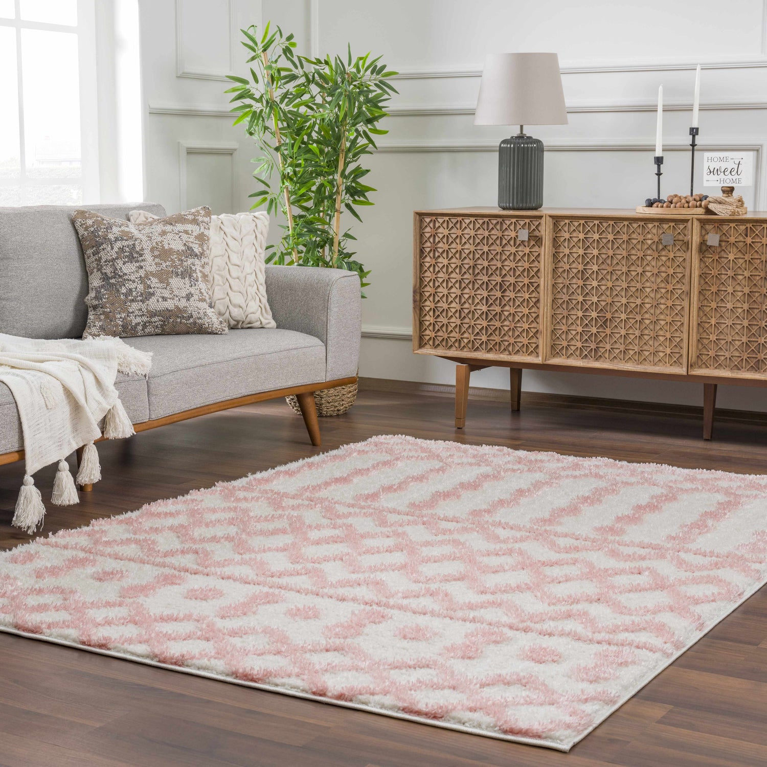 Living room scene with a gray sofa and the Darva Pink Plush Area Carpet on a dark wood floor. Roomscene-Rectangle