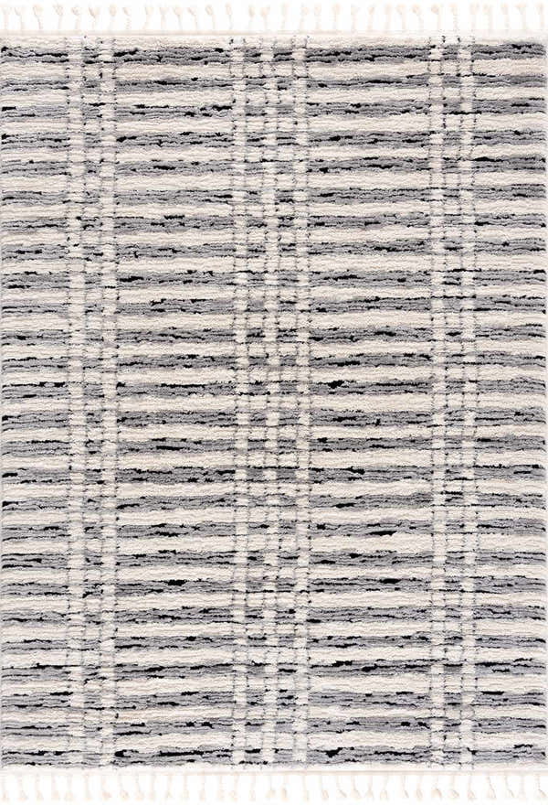 Close-up of the Nava Area Rug. Beige, bone, and black geometric pattern with a soft, textured, machine-woven pile. Design-Rectangle-46