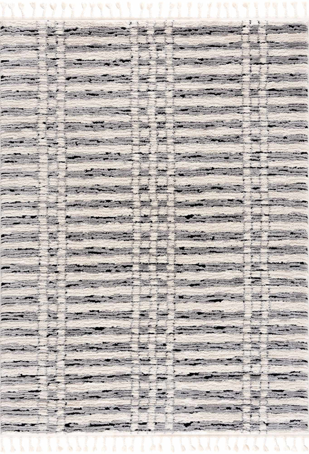 Close-up of the Nava Area Rug. Beige, bone, and black geometric pattern with a soft, textured, machine-woven pile. Design-Rectangle-46