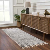Entryway scene with beige Nava Area Rug runner, wood console table, lamp, and plant. Modern, Scandinavian style. Roomscene-Runner