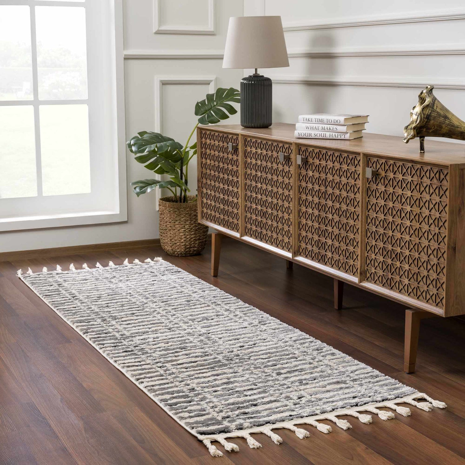 Entryway scene with beige Nava Area Rug runner, wood console table, lamp, and plant. Modern, Scandinavian style. Roomscene-Runner