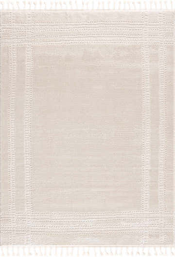 Close up of the Ryuu Ivory Carved Area Rug featuring a subtle geometric pattern and fringe detail. Design-Rectangle-46