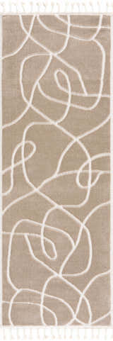 Close-up of the Azana Cream Area Rug. Cream rug with an abstract white geometric design and tassels. Design-Runner
