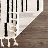 Close-up of the Bansi Area Rug showing beige and black stripes, tassels, and the rug's backing. Fold