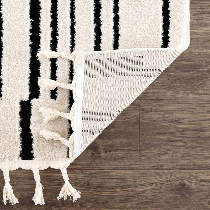 Close-up of the Bansi Area Rug showing beige and black stripes, tassels, and the rug's backing. Fold