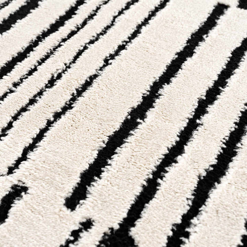 Close-up of the Bansi Area Rug: a machine-woven rug with a geometric pattern in beige and black. Soft, textured polypropylene. Texture