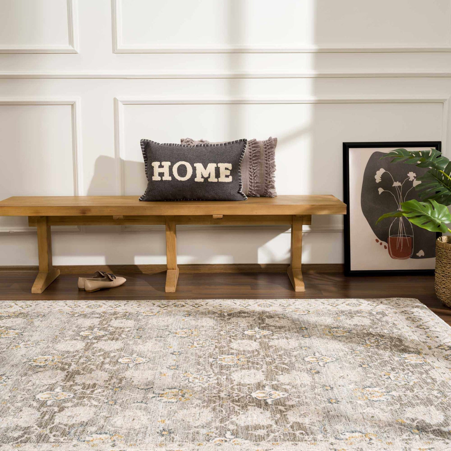 Entryway with a wooden bench and Amaru Green Textured Rug, creating a warm and inviting farmhouse style. Roomscene-Rectangle