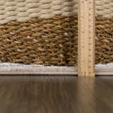 Close-up of the Gauge Cream & Gray Blue Rug showing texture and pile height with a ruler. Pile