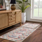 Entryway with wood floors and Bindi Blue & Rose Area Rug runner. Southwestern style with blue, rose, and cream colors. Roomscene-Runner