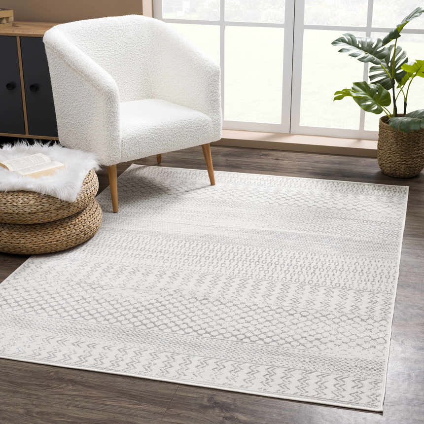 Living room scene with Tigri Aztec Ivory & Gray rug, white armchair, woven ottoman, and plant near a bright window. Roomscene-Rectangle