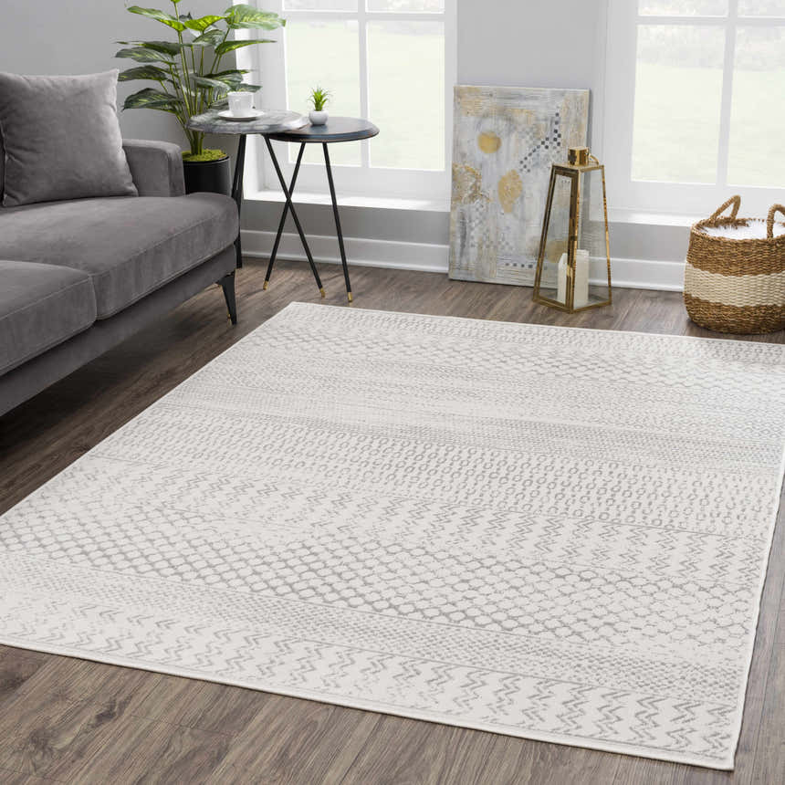 Living room scene with gray sofa and Tigri Aztec Ivory & Gray area rug. Contemporary, farmhouse style. Roomscene-Rectangle