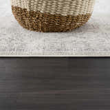 Close-up of the Tigried Ivory & Gray 2323 Area Rug showing its subtle pattern and texture, paired with a basket on dark wood floor. Styleshot