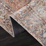 Close-up of the Eira Distressed Washable Rug. Features a vintage Persian pattern in charcoal, light blue, orange, and off-white. Fold